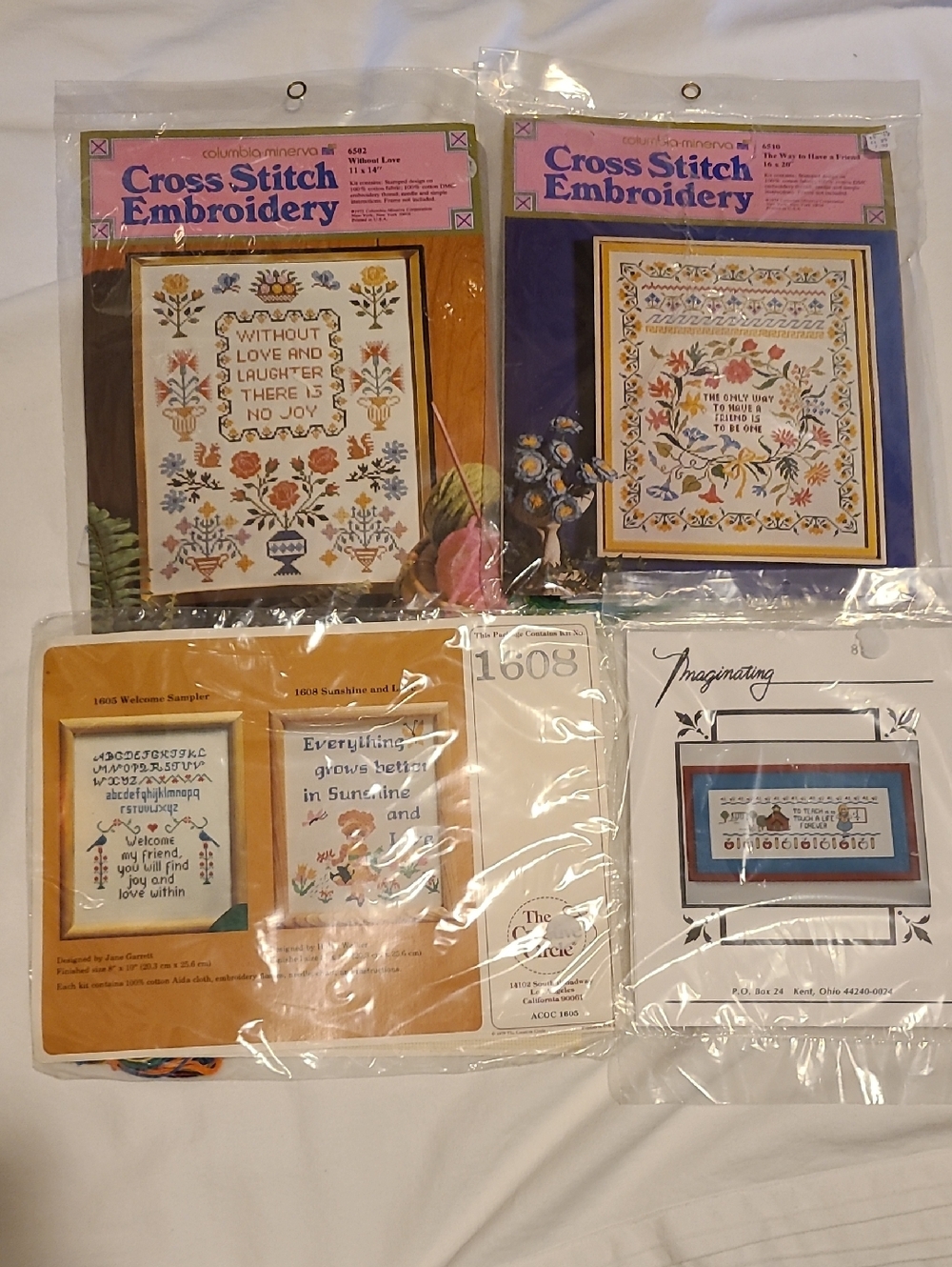 Columbia-Minerva Cross Stitch  embrodery Bundle of 4, Love Friend Welcome Teach